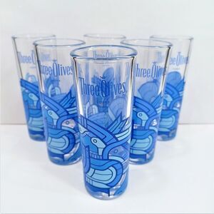 Set/6 Three Olives Vodka Shot Glasses Blue Clear 4-1/8"h promotional branding L2